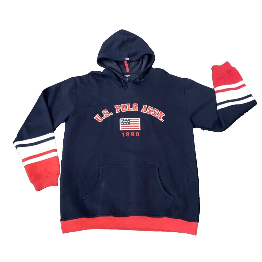 US Polo Assn Vintage Men's Hoodie Fleeced Large US Flag Curved Logo Embroidered